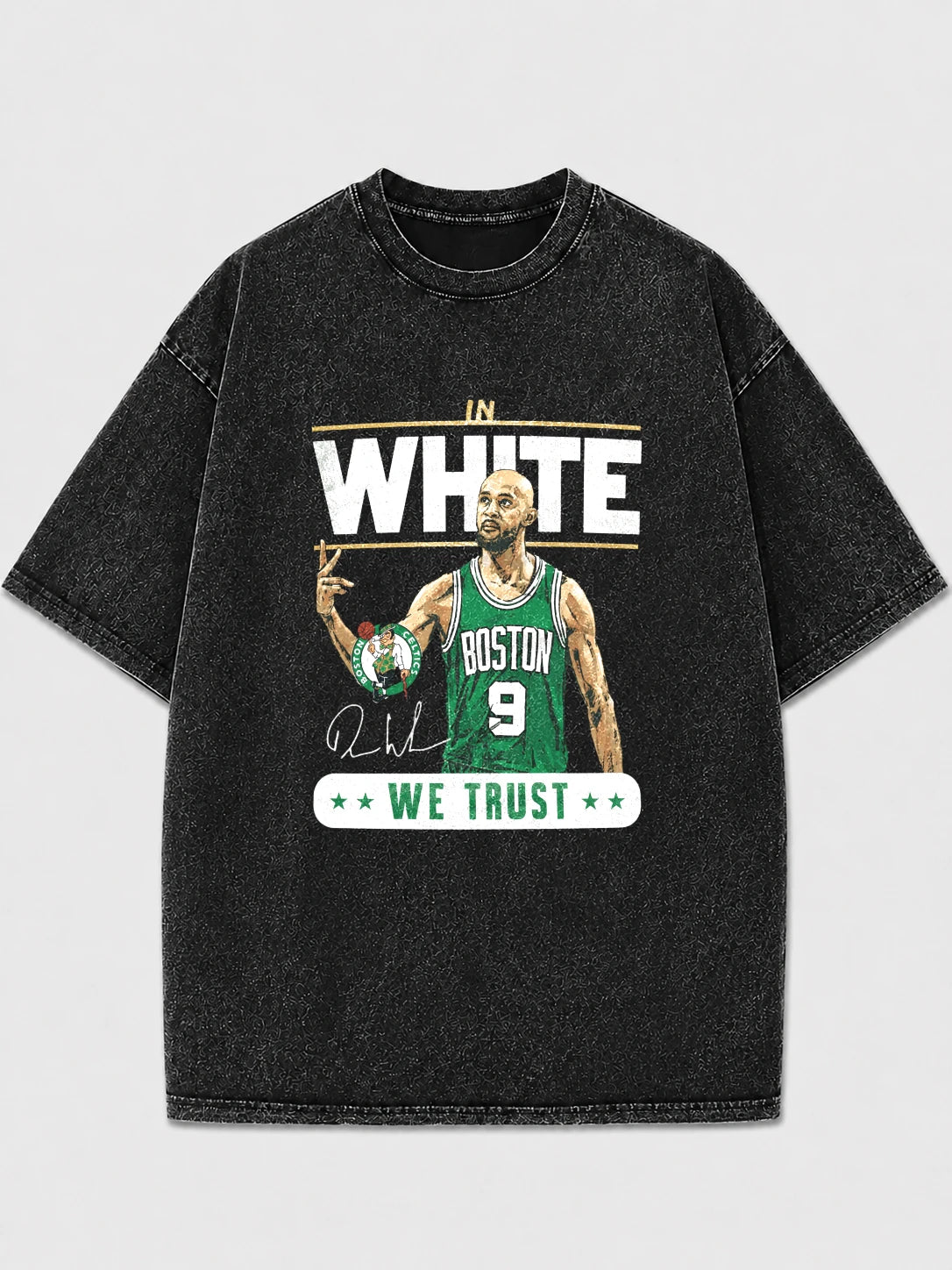 Man wearing a retro Boston basketball graphic tee with a distressed finish.