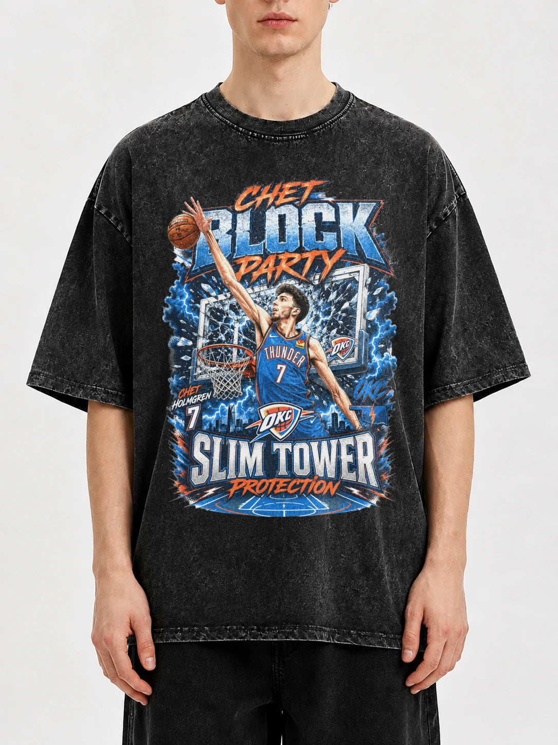 Vintage graphic tee featuring a Chet Block Party design in black wash