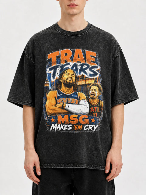 Trae Young graphic tee in vintage black wash with colorful print