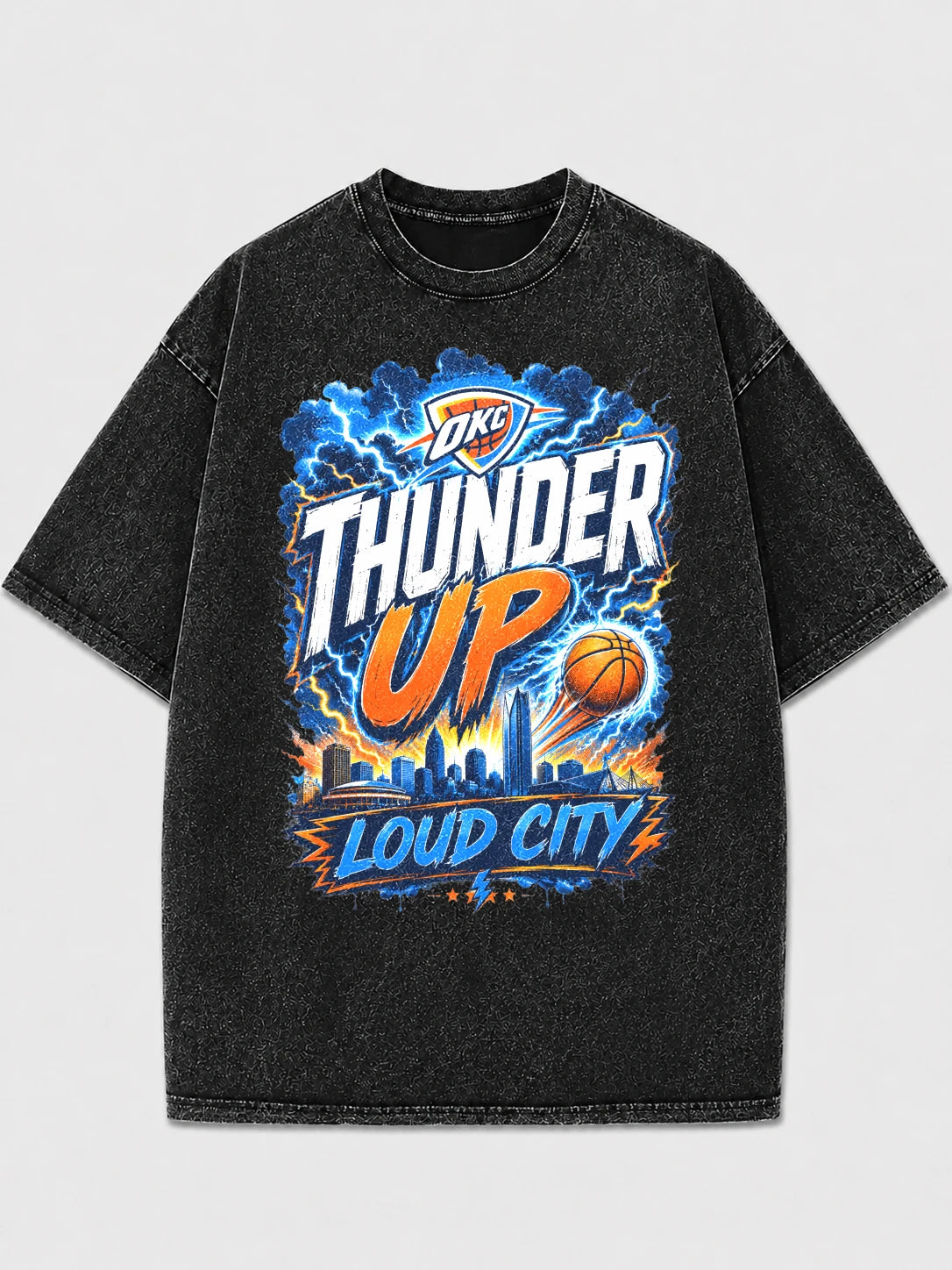 Thunder Up graphic tee in distressed black with bold design