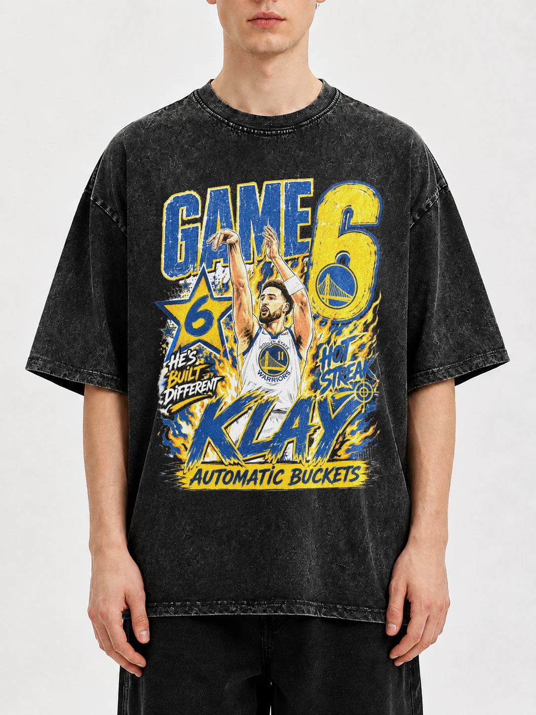 Game 6 Klay Thompson graphic tee in black with colorful print
