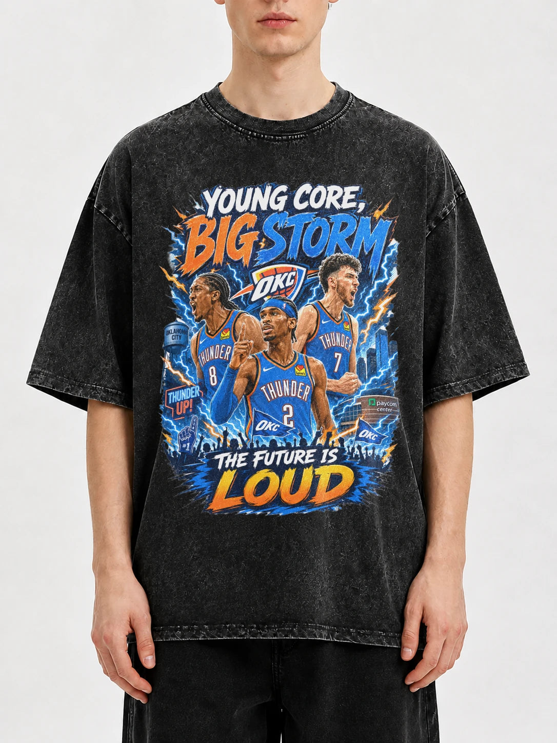 Black acid-wash oversized t-shirt with Oklahoma City Thunder graphic
