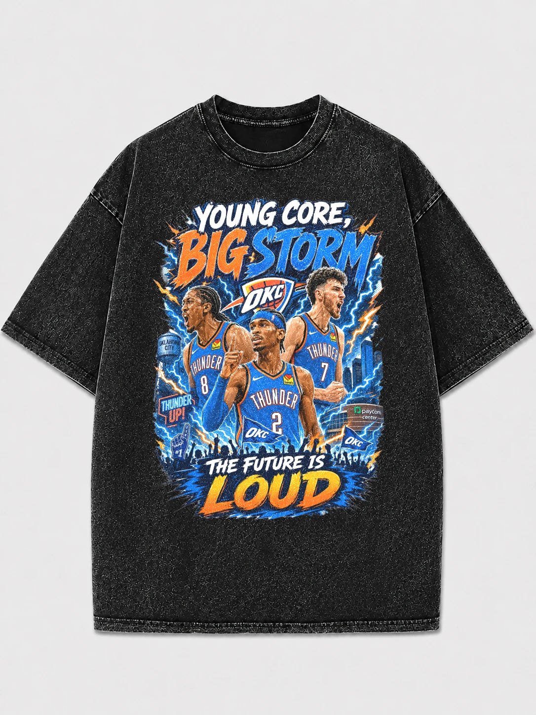 Black acid-wash oversized t-shirt with Oklahoma City Thunder graphic