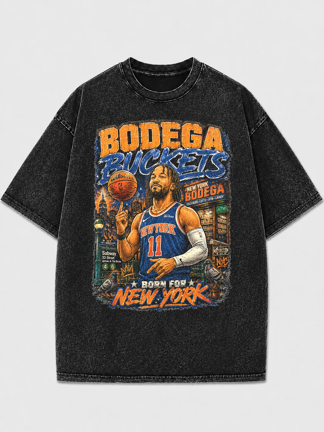 Bodega Buckets graphic tee with NYC basketball design