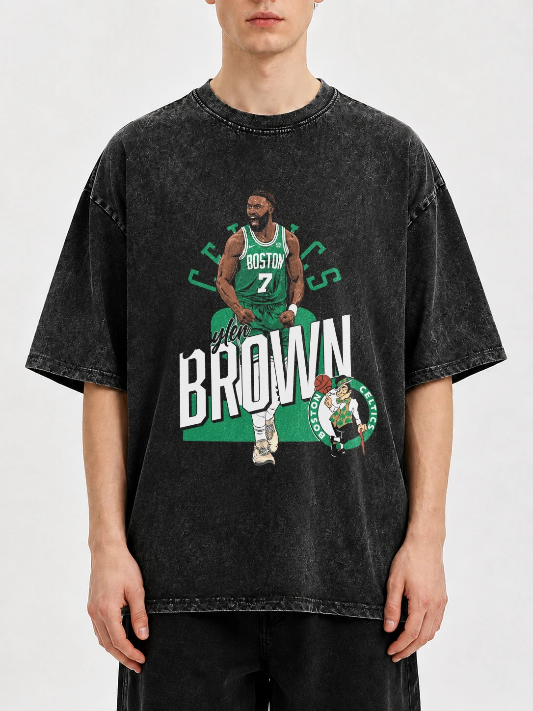 Black vintage oversized graphic tee featuring a Boston Celtics design