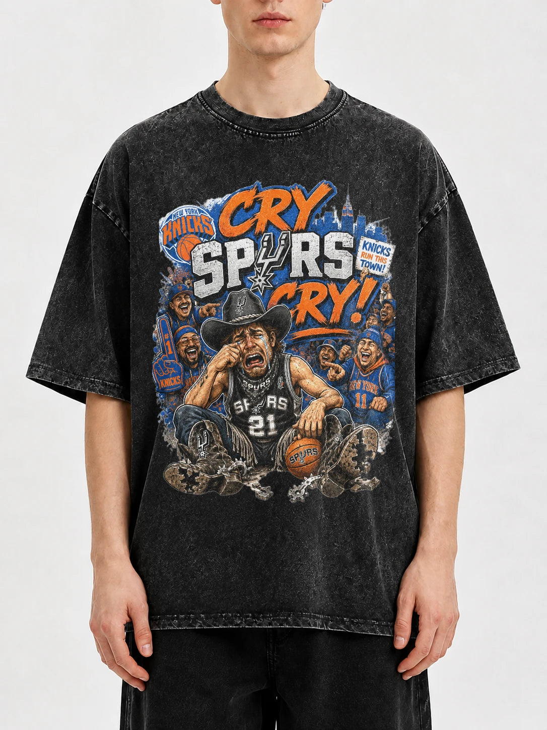 Vintage oversized tee with 'Cry Spurs Cry' graphic design