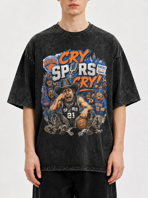Vintage oversized tee with 'Cry Spurs Cry' graphic design