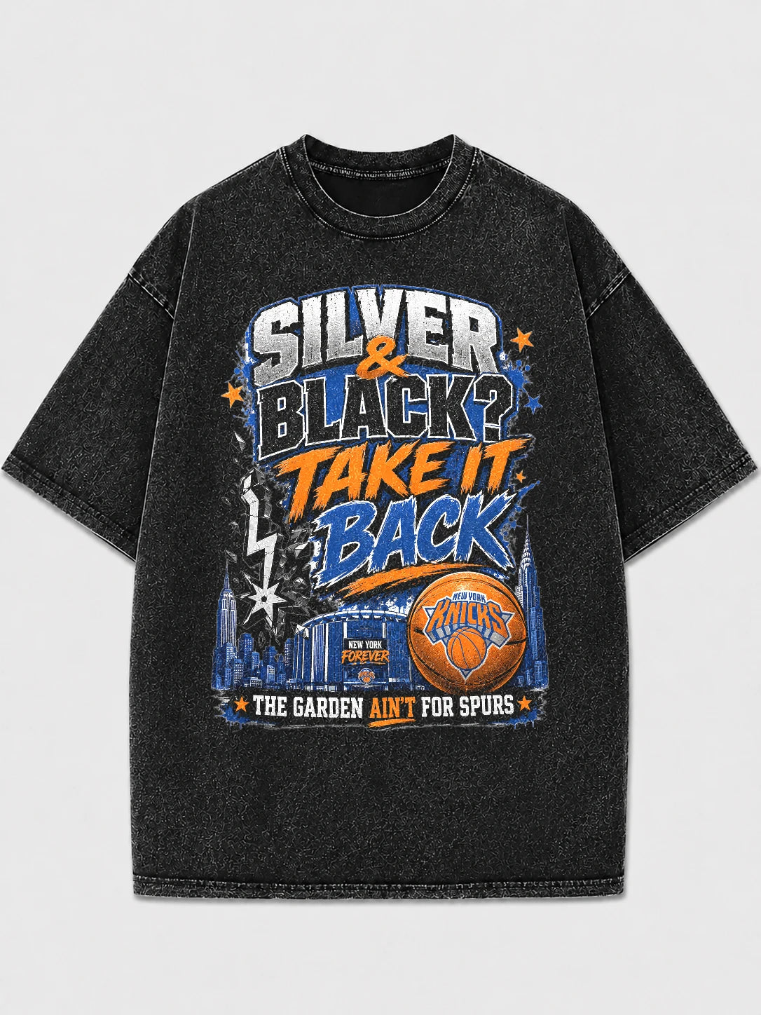 Vintage graphic tee featuring Silver & Black design with basketball theme
