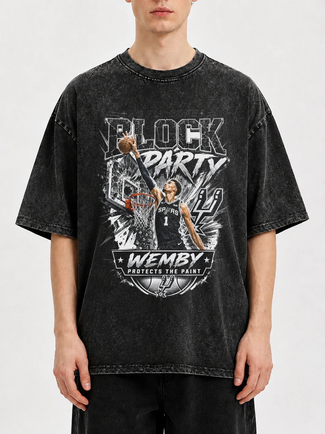 Faded black graphic tee featuring Wemby basketball design