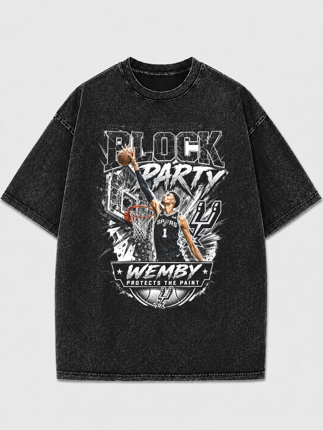 Faded black graphic tee featuring Wemby basketball design