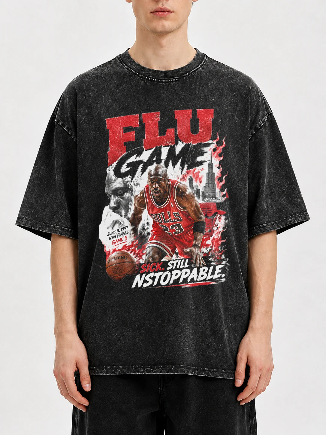 Flu Game graphic oversized t-shirt with basketball print