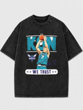 Model wearing a vintage black basketball graphic tee with a bold design