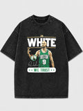 Man wearing a retro Boston basketball graphic tee with a distressed finish.