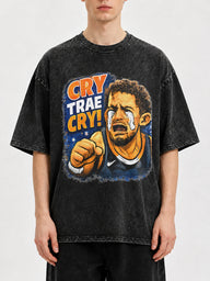 Oversized black t-shirt with Cry Trae Cry graphic design.