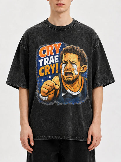 Oversized black t-shirt with Cry Trae Cry graphic design.