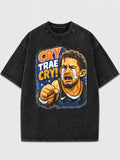 Oversized black t-shirt with Cry Trae Cry graphic design.