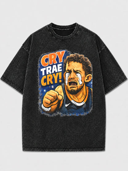 Oversized black t-shirt with Cry Trae Cry graphic design.