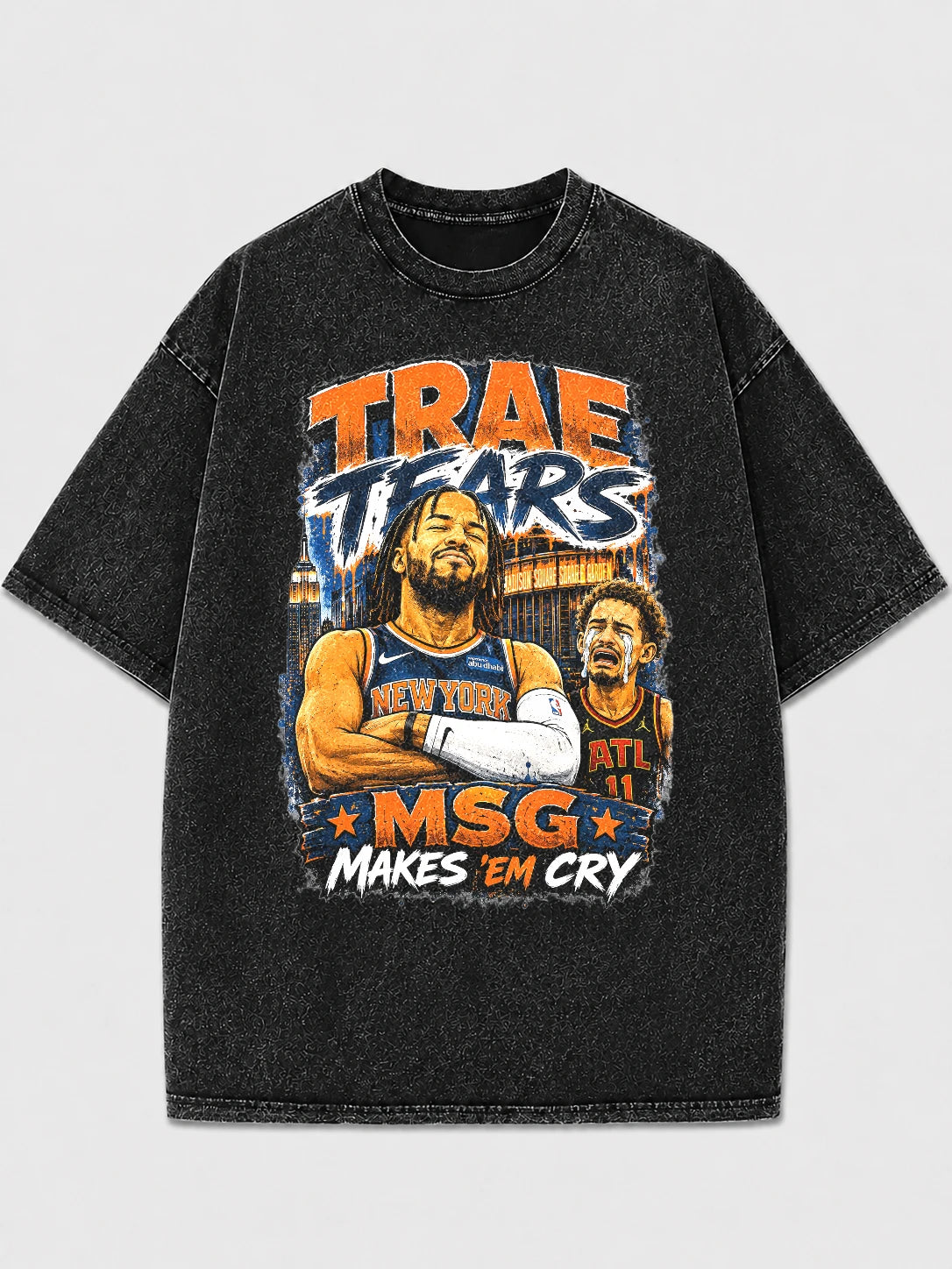 Trae Young graphic tee in vintage black wash with colorful print