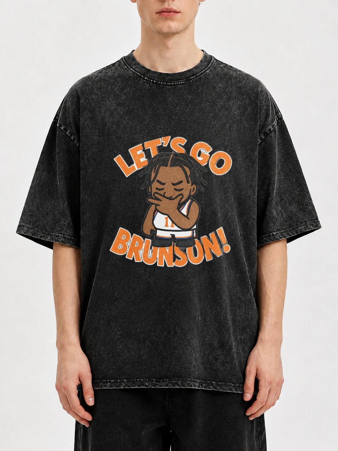 Black oversized graphic tee with 'Let's Go Brunson!' design