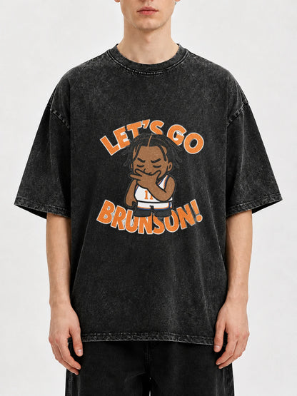 Black oversized graphic tee with 'Let's Go Brunson!' design