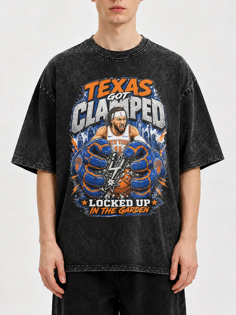 Texas Got Clamped oversized graphic tee with basketball design