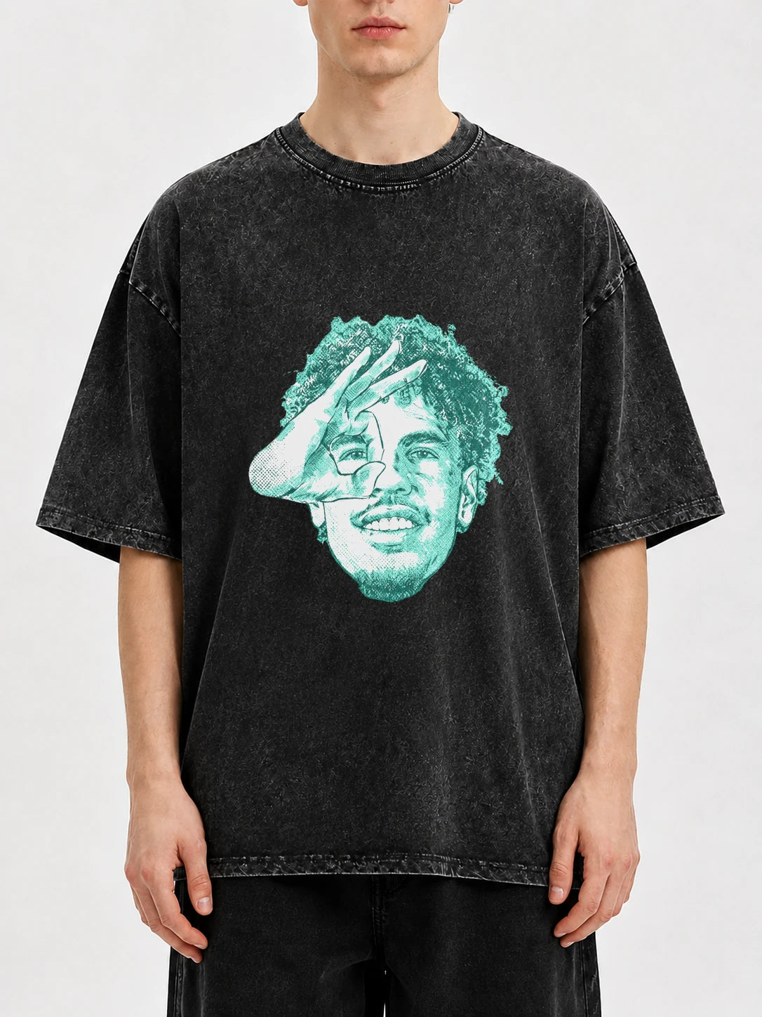 Men's graphic oversized tee with distressed finish and vibrant print