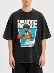Model wearing a vintage basketball graphic t-shirt in gray.