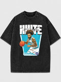 Model wearing a vintage basketball graphic t-shirt in gray.