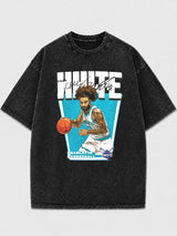 Model wearing a vintage basketball graphic t-shirt in gray.