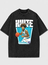 Model wearing a vintage basketball graphic t-shirt in gray.