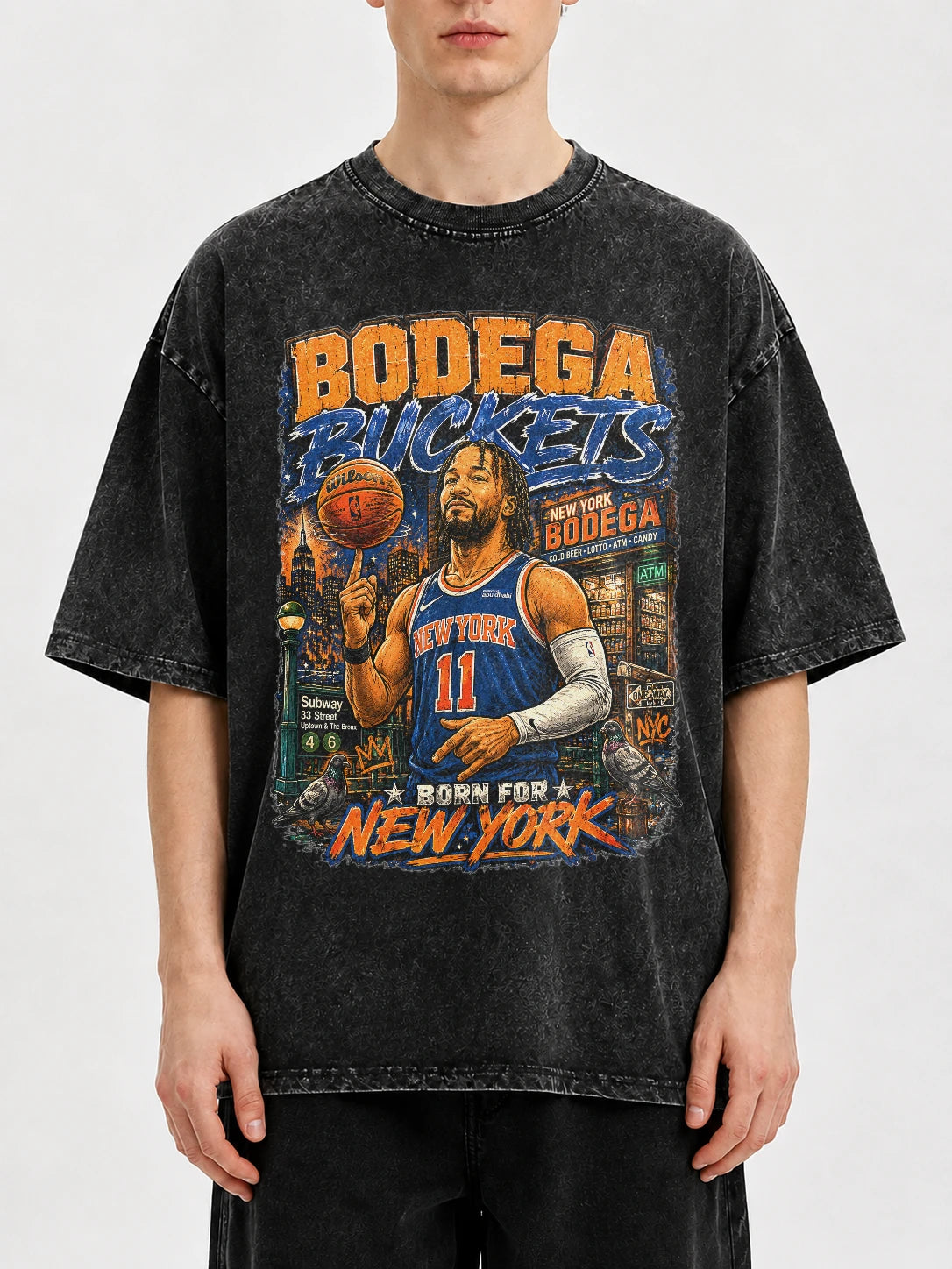 Bodega Buckets graphic tee with NYC basketball design