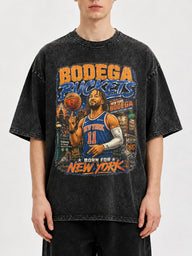 Bodega Buckets graphic tee with NYC basketball design