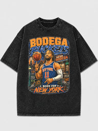 Bodega Buckets graphic tee with NYC basketball design