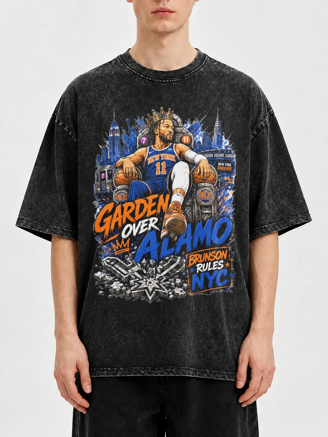 Vintage graphic tee with NYC basketball design in distressed black.