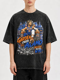 Vintage graphic tee with NYC basketball design in distressed black.
