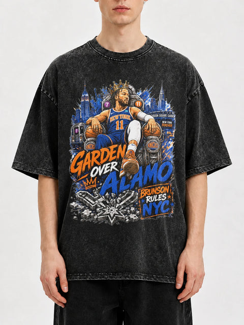 Vintage graphic tee with NYC basketball design in distressed black.