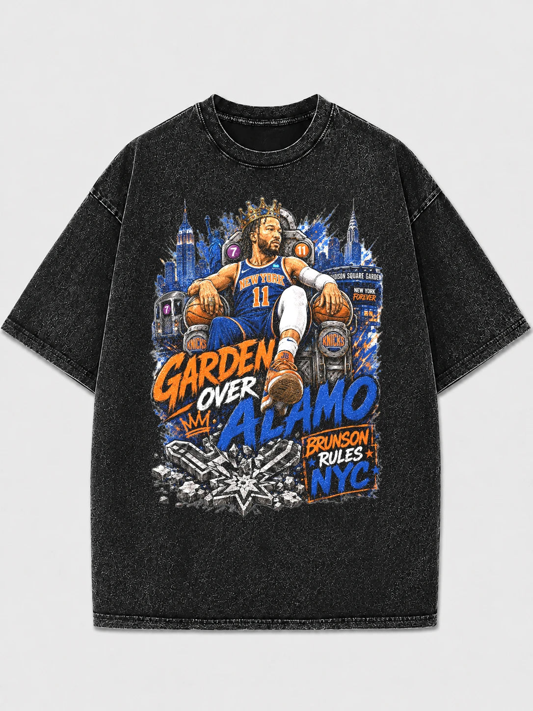 Vintage graphic tee with NYC basketball design in distressed black.