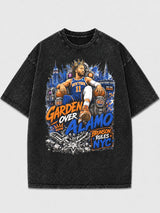 Vintage graphic tee with NYC basketball design in distressed black.
