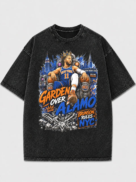 Vintage graphic tee with NYC basketball design in distressed black.