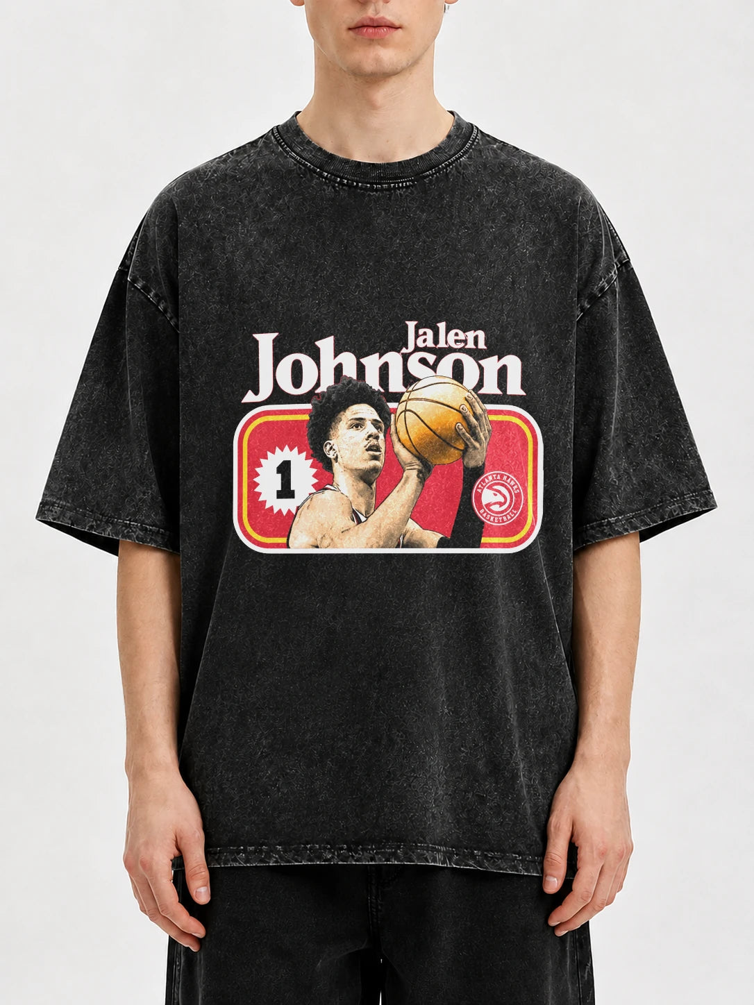 Jalen Johnson vintage basketball graphic tee in distressed black wash
