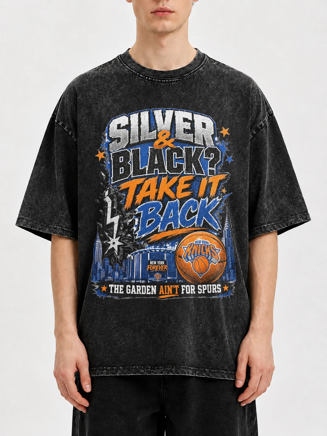 Vintage graphic tee featuring Silver & Black design with basketball theme