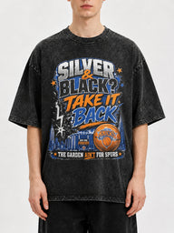 Vintage graphic tee featuring Silver & Black design with basketball theme