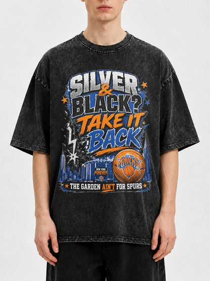 Vintage graphic tee featuring Silver & Black design with basketball theme