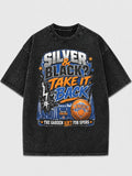 Vintage graphic tee featuring Silver & Black design with basketball theme