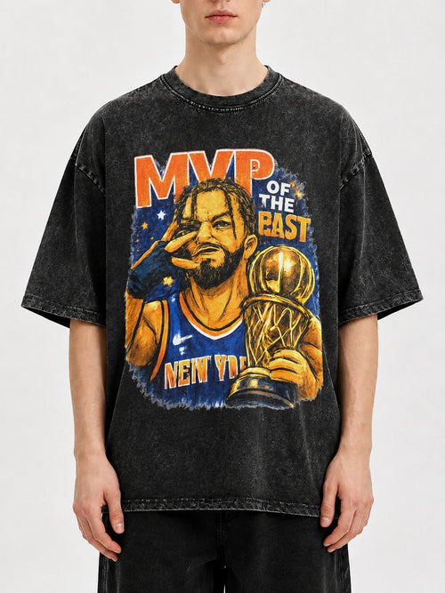 Vintage black graphic tee with MVP basketball design