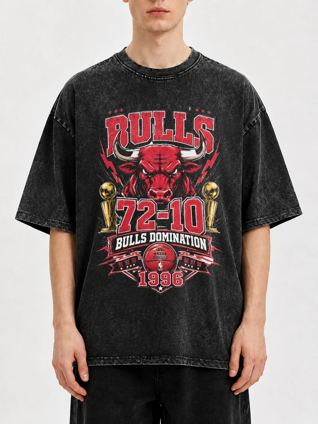 Vintage graphic t-shirt featuring Bulls Domination design in black and red